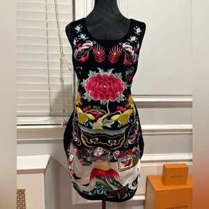 Vibrant Embroidered Black Dress with Floral and Bird Patterns